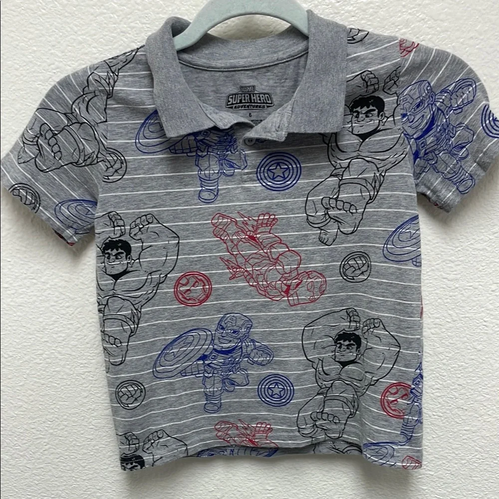 Marvel Super Hero Adventures Kids Gray Graphic Polo Shirt Size 6